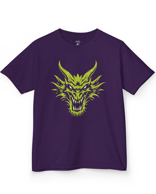 Out of the Shadows shirt in purple featuring a distressed neon green dragon head with fierce glowing eyes.