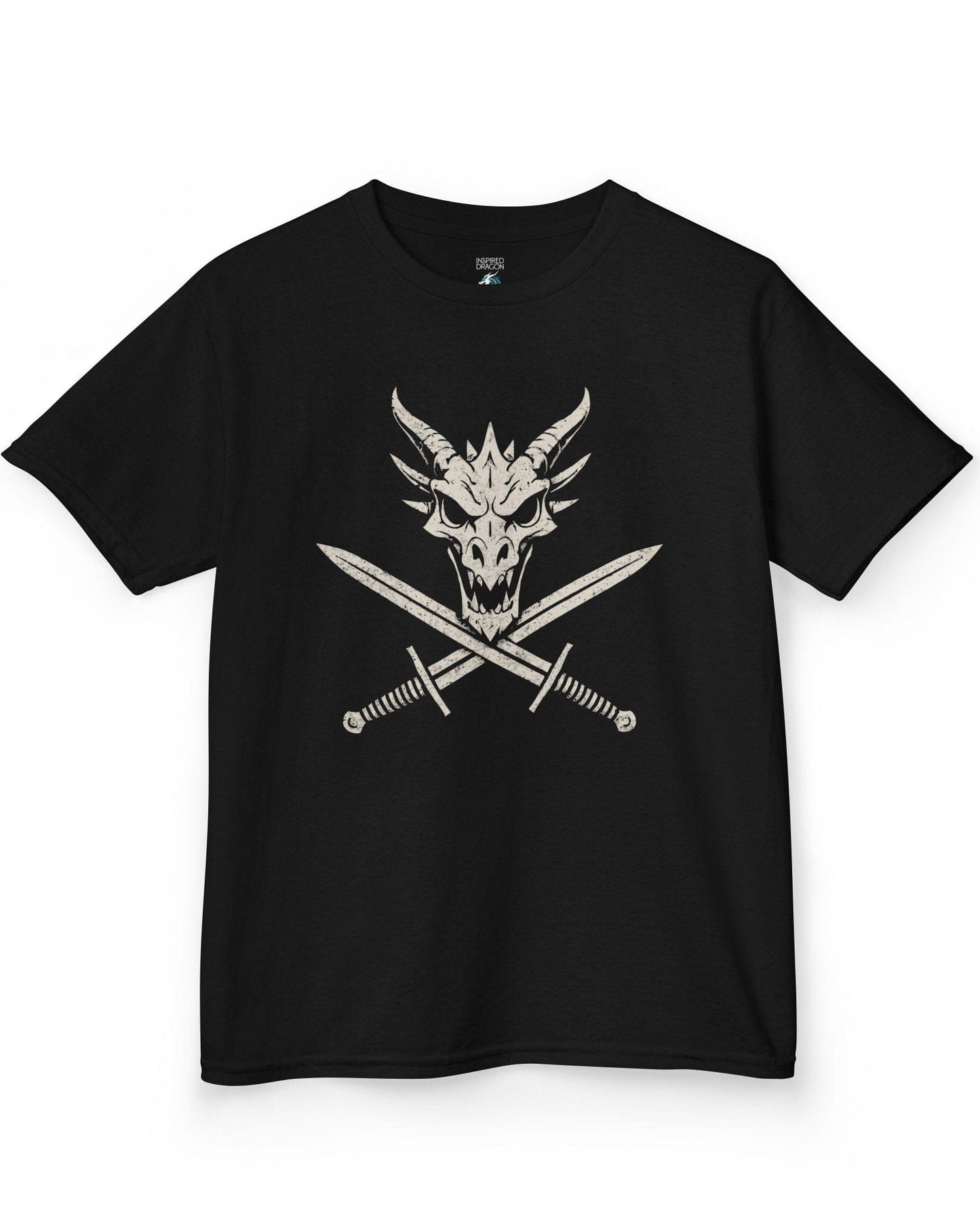 Skull and Crossblades shirt in black featuring a fierce dragon skull with crossed swords in distressed style.