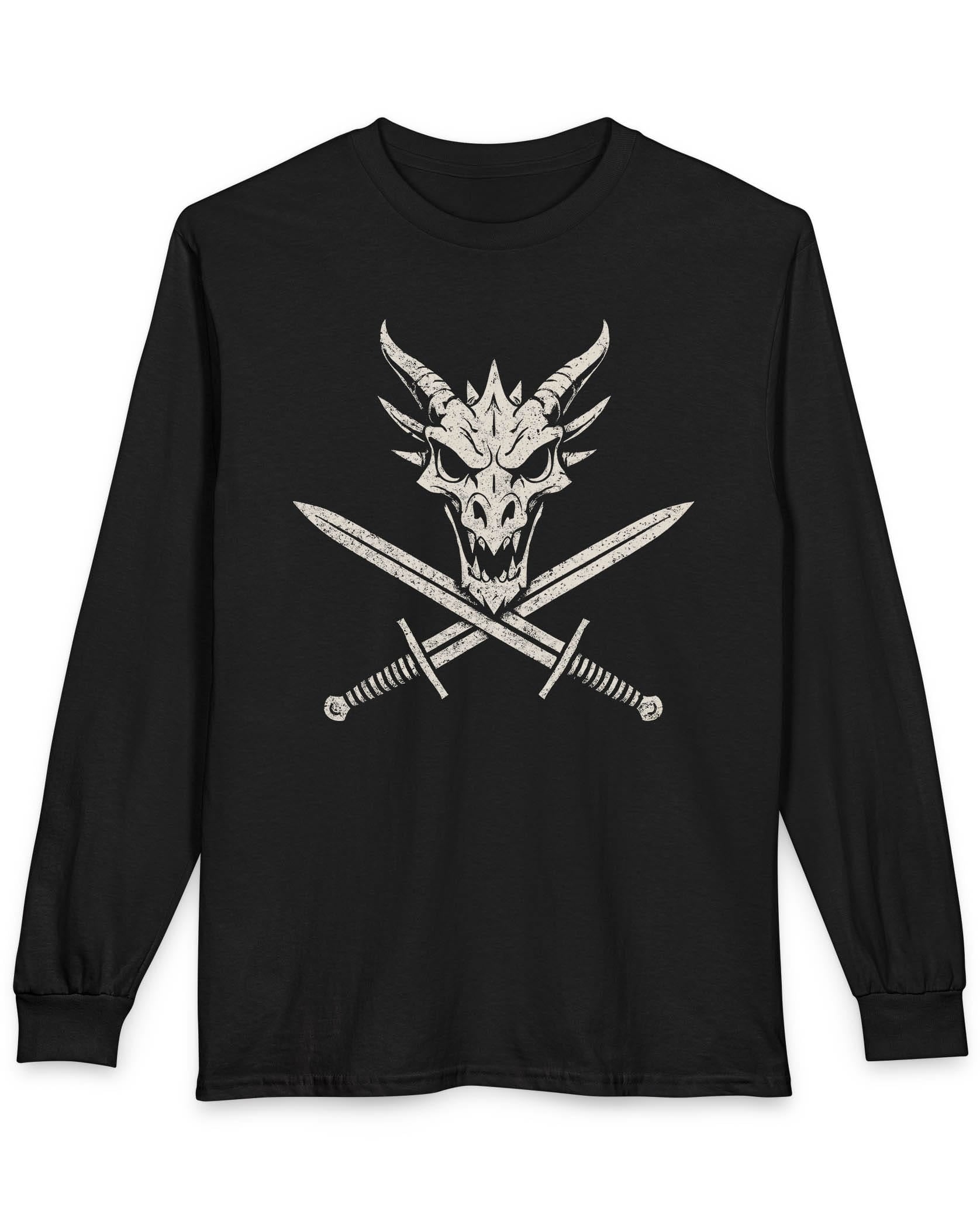 Skull and Crossblades shirt in black featuring a fierce dragon skull with crossed swords in distressed style