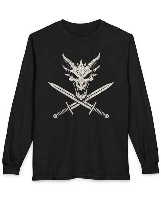 Skull and Crossblades shirt in black featuring a fierce dragon skull with crossed swords in distressed style