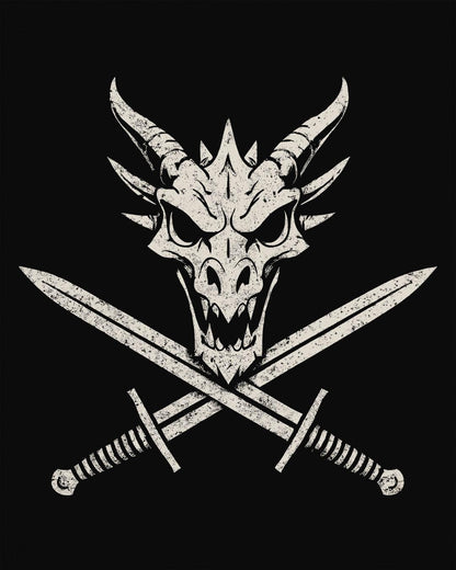 Skull and Crossblades shirt in black featuring a fierce dragon skull with crossed swords in distressed style.