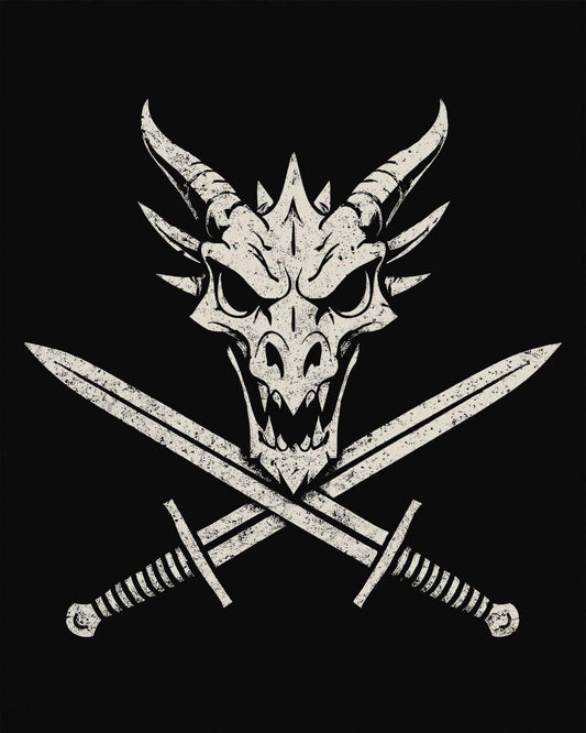 Skull and Crossblades shirt in black featuring a fierce dragon skull with crossed swords in distressed style.
