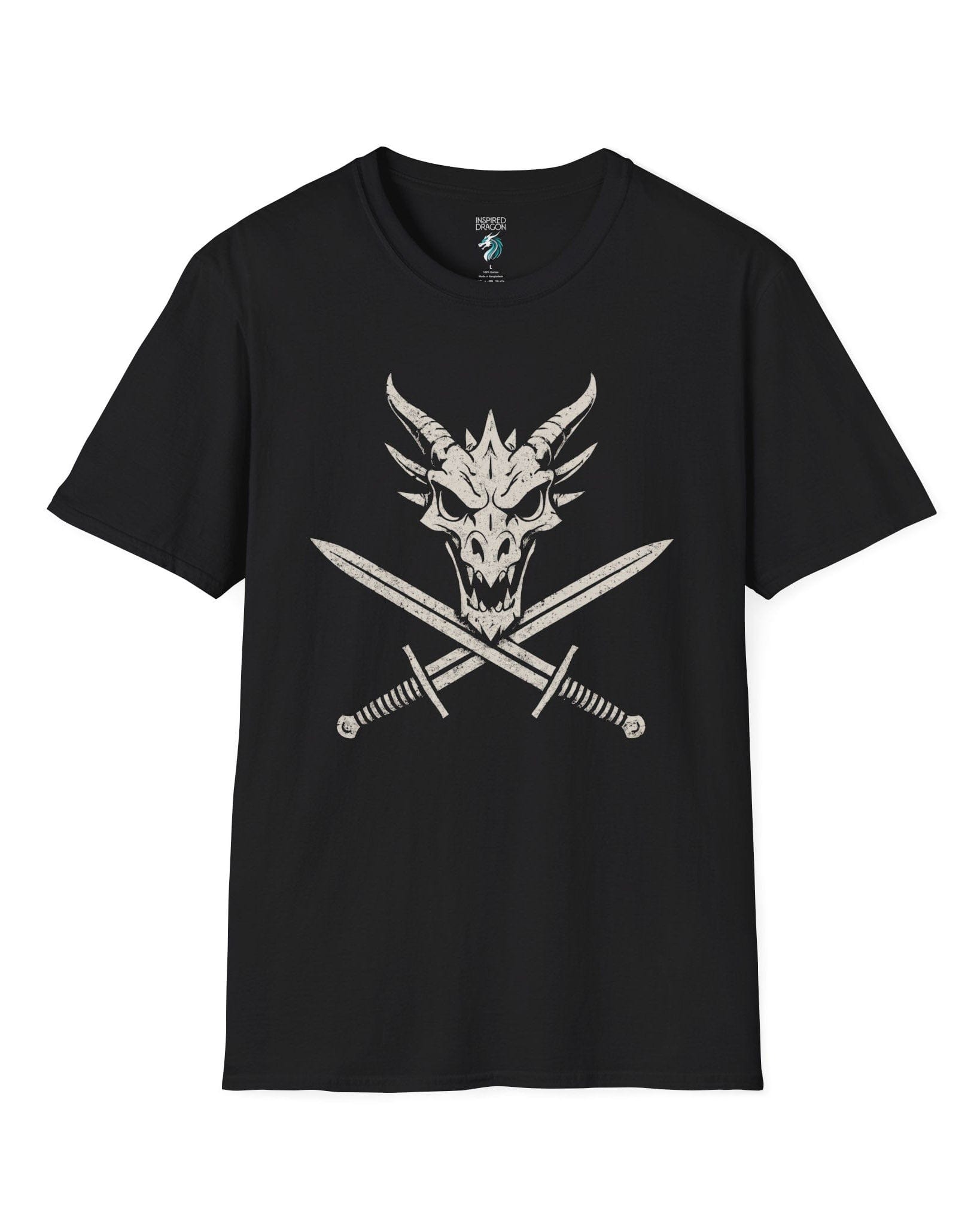 Skull and Crossblades shirt in black featuring a fierce dragon skull with crossed swords in distressed style.