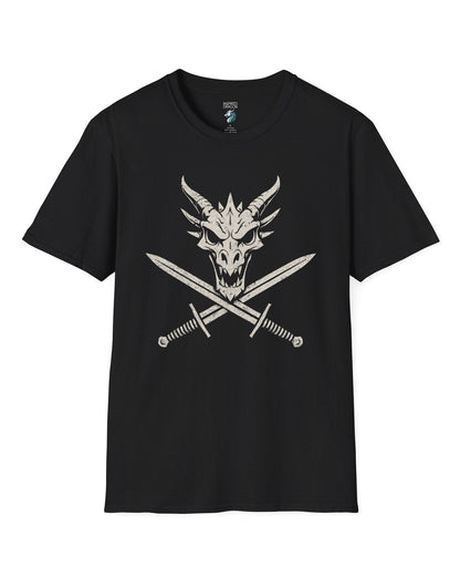 Skull and Crossblades shirt in black featuring a fierce dragon skull with crossed swords in distressed style.