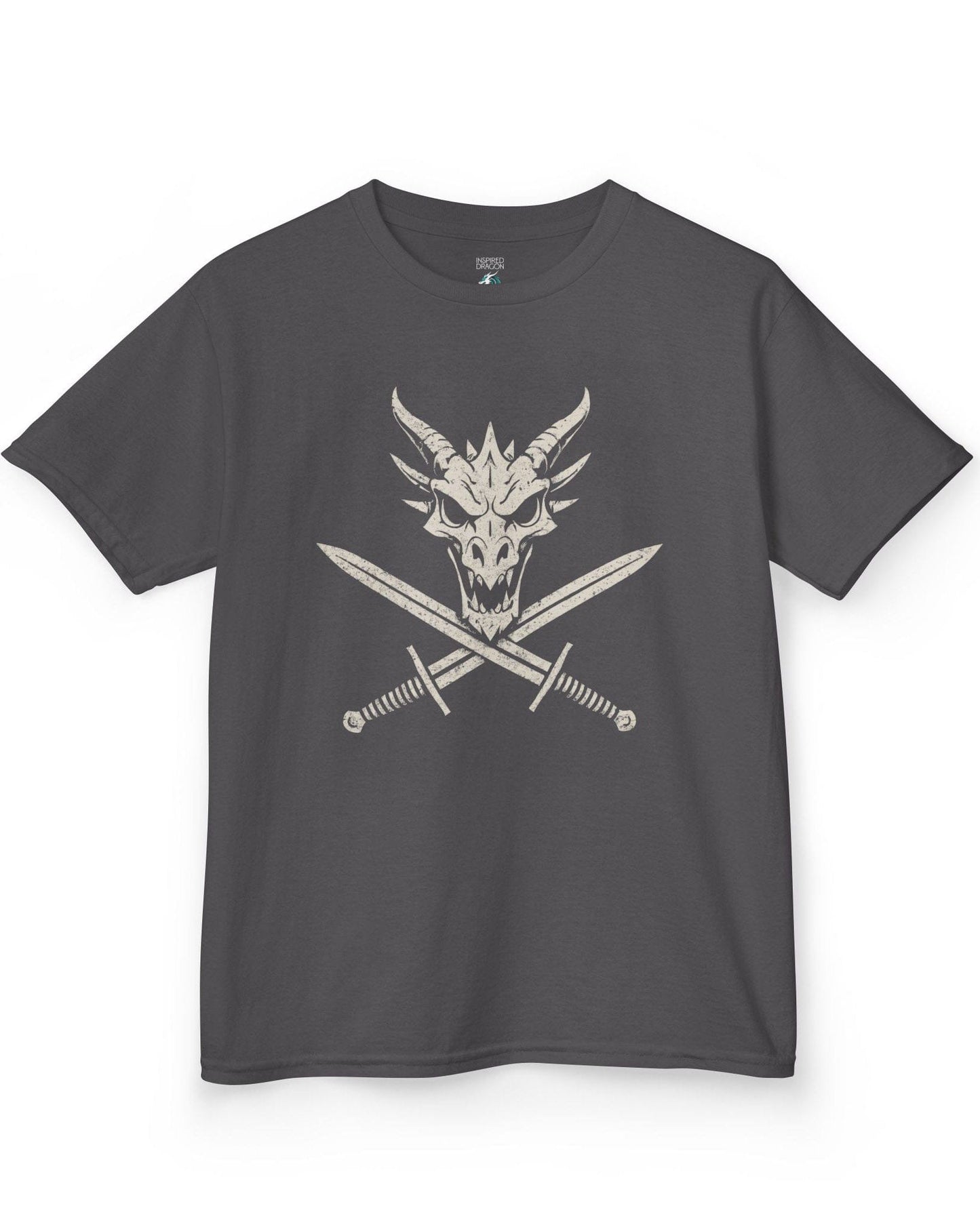 Skull and Crossblades shirt in charcoal featuring a fierce dragon skull with crossed swords in distressed style.