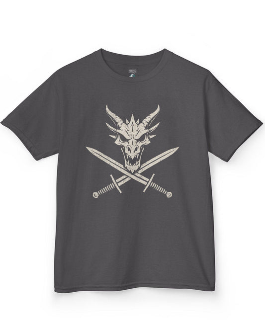 Skull and Crossblades shirt in charcoal featuring a fierce dragon skull with crossed swords in distressed style.
