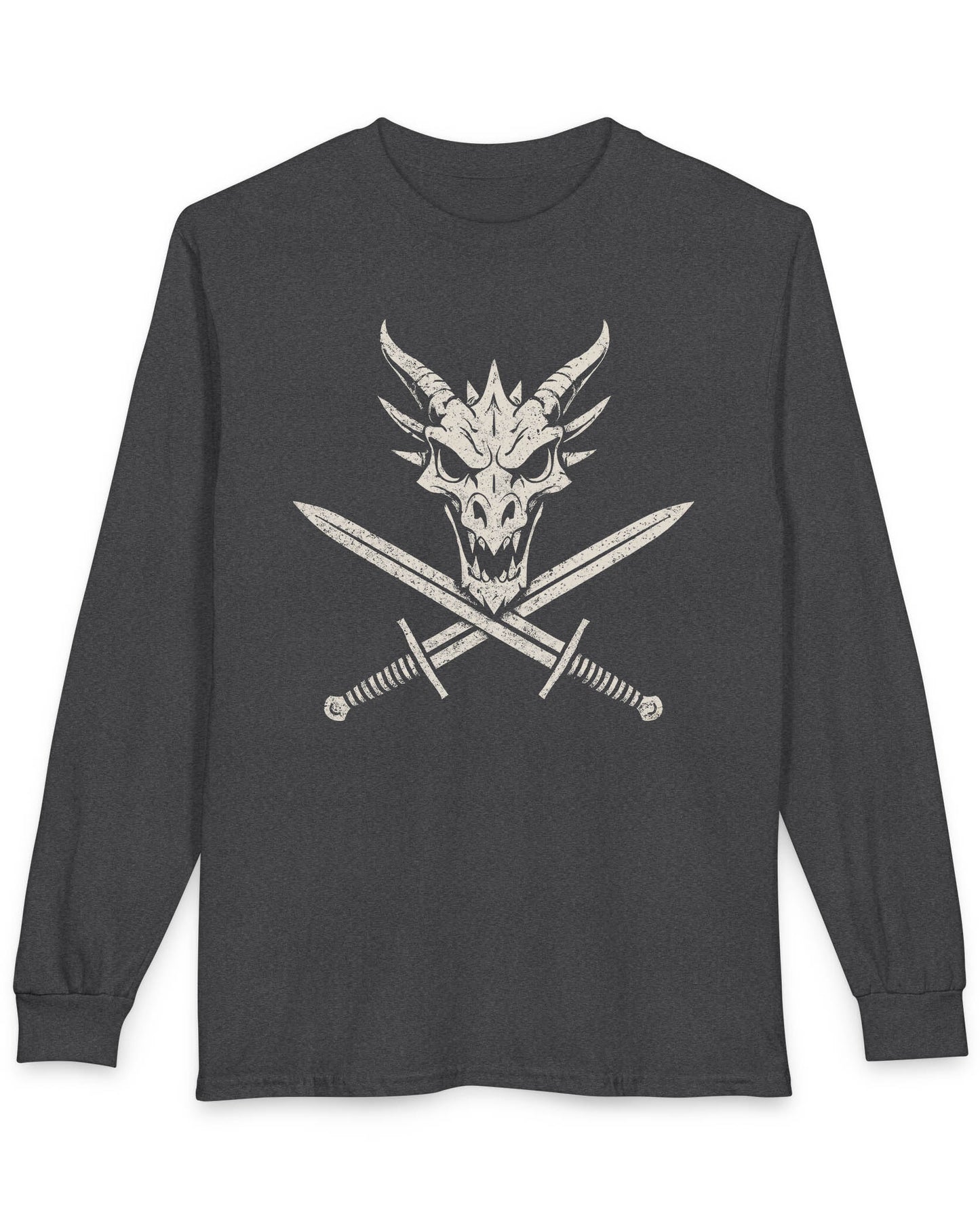 Skull and Crossblades shirt in dark heather featuring a fierce dragon skull with crossed swords in distressed style