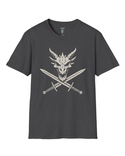 Skull and Crossblades shirt in dark heather grey featuring a fierce dragon skull with crossed swords in distressed style.