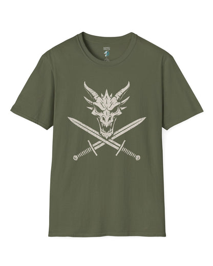 Skull and Crossblades shirt in military green featuring a fierce dragon skull with crossed swords in distressed style.