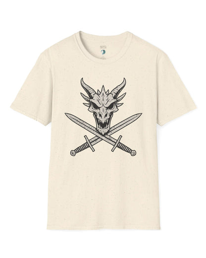 Skull and Crossblades shirt in natural featuring a fierce dragon skull with crossed swords in distressed style.