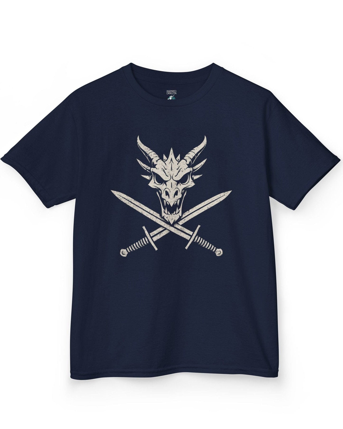 Skull and Crossblades shirt in navy featuring a fierce dragon skull with crossed swords in distressed style.