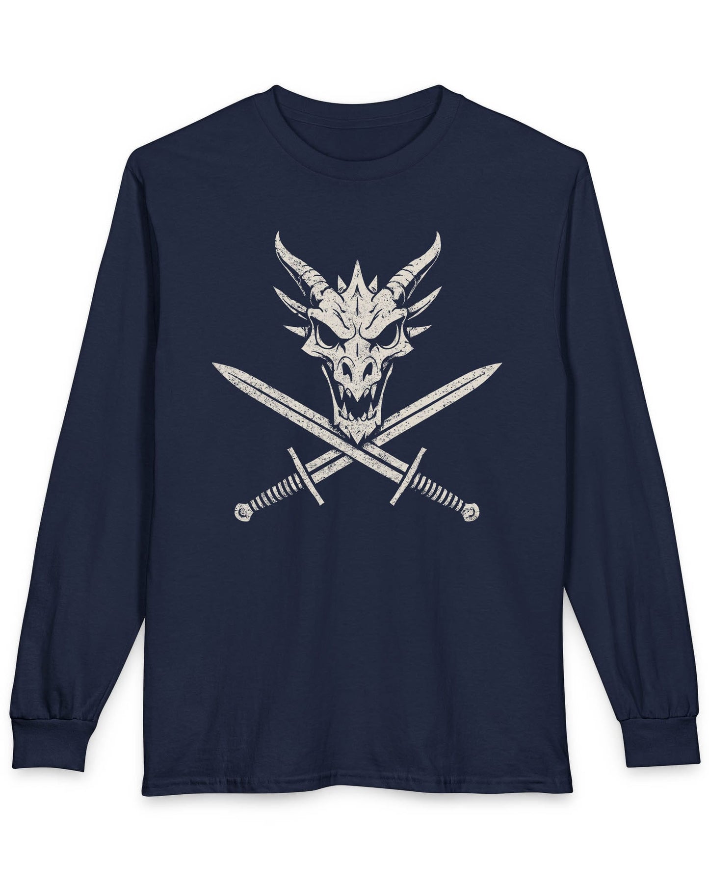 Skull and Crossblades shirt in navy featuring a fierce dragon skull with crossed swords in distressed style