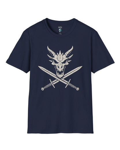 Skull and Crossblades shirt in navy featuring a fierce dragon skull with crossed swords in distressed style.