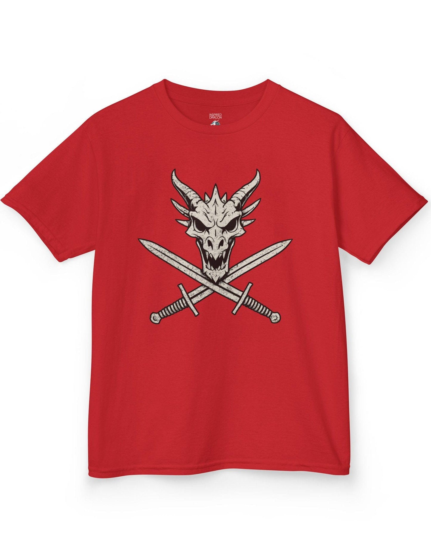 Skull and Crossblades shirt in red featuring a fierce dragon skull with crossed swords in distressed style.
