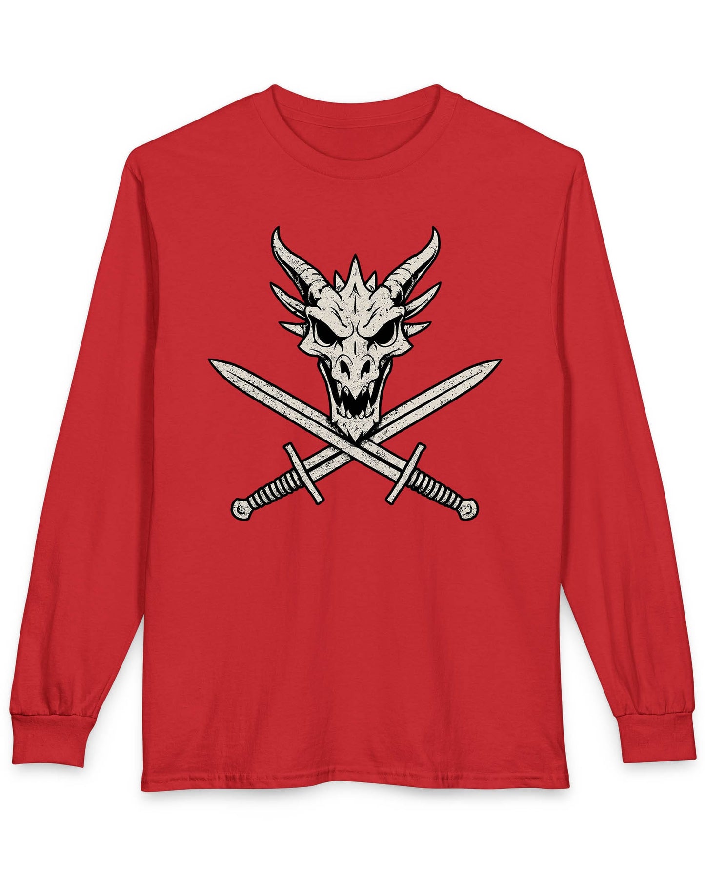 Skull and Crossblades shirt in red featuring a fierce dragon skull with crossed swords in distressed style
