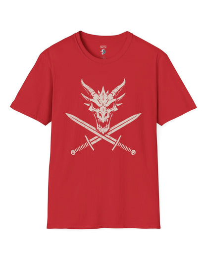 Skull and Crossblades shirt in red featuring a fierce dragon skull with crossed swords in distressed style.