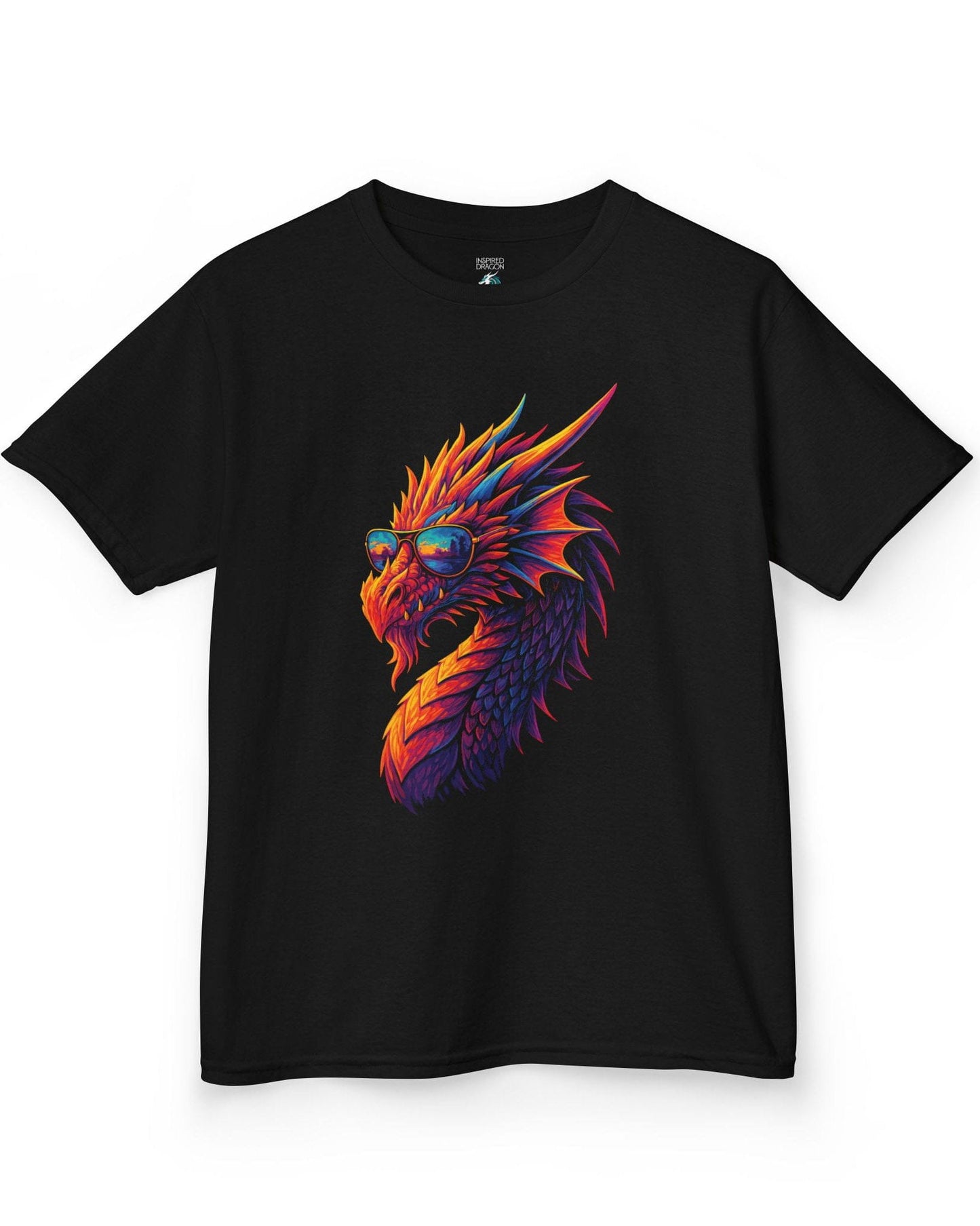 Sunset Blaze shirt in black featuring a neon dragon in sunglasses with fiery sunset colors across its scales.