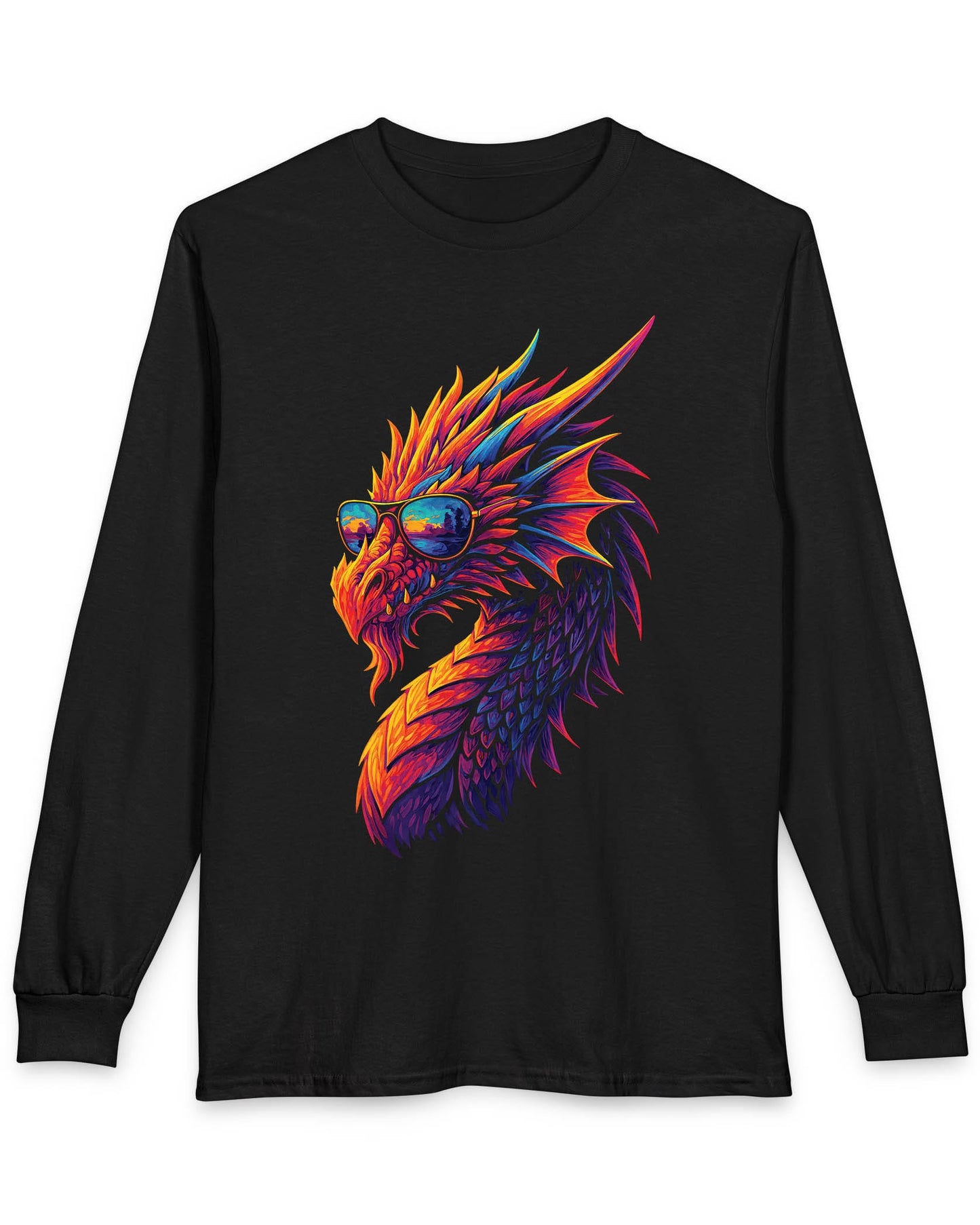 Sunset Blaze shirt in black featuring a neon dragon in sunglasses with fiery sunset colors across its scales