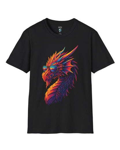 Sunset Blaze shirt in black featuring a neon dragon in sunglasses with fiery sunset colors across its scales.