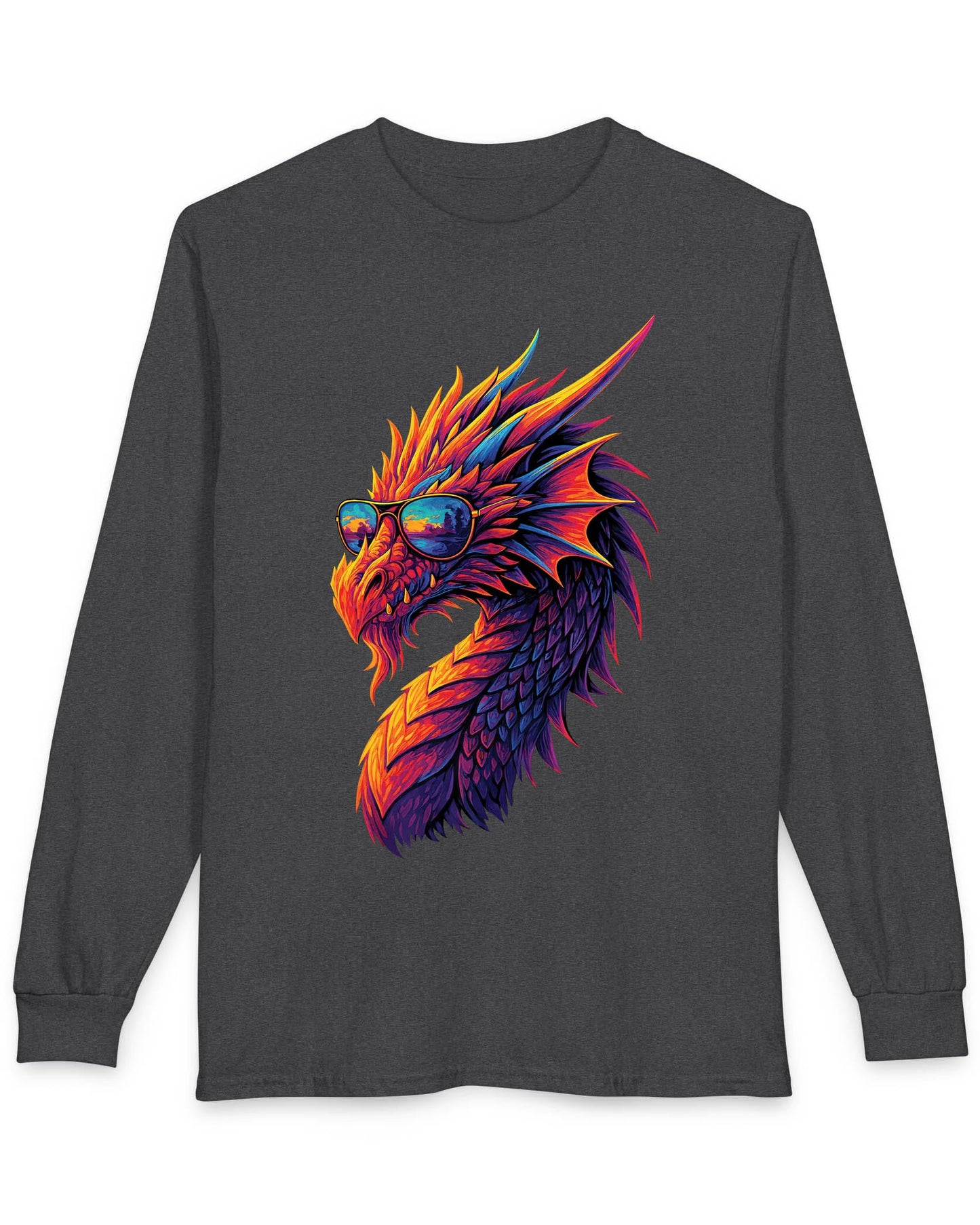 Sunset Blaze shirt in dark heather featuring a neon dragon in sunglasses with fiery sunset colors across its scales