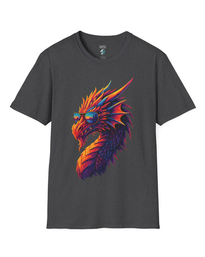Sunset Blaze shirt in dark heather grey featuring a neon dragon in sunglasses with fiery sunset colors across its scales.