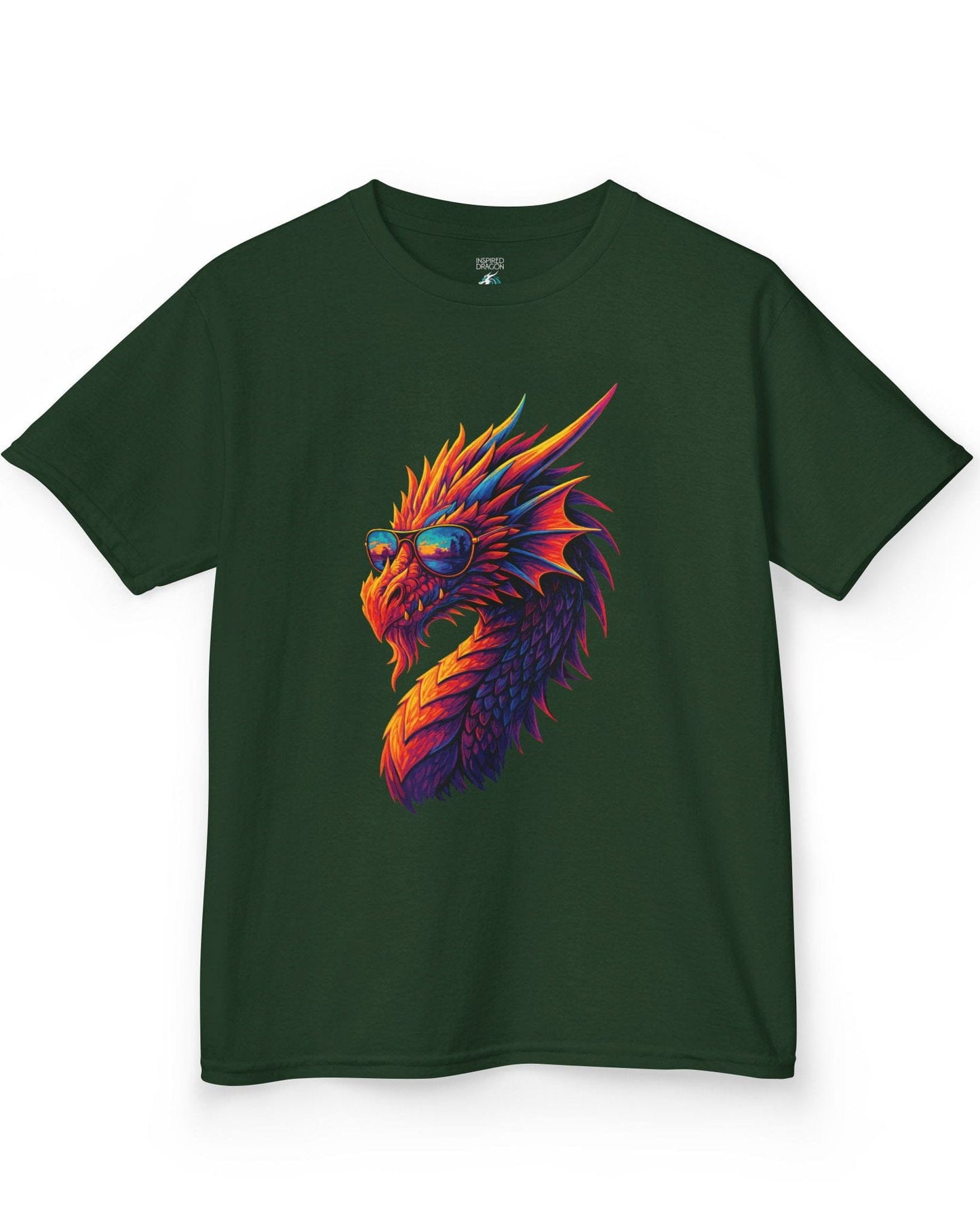 Sunset Blaze shirt in forest green featuring a neon dragon in sunglasses with fiery sunset colors across its scales.