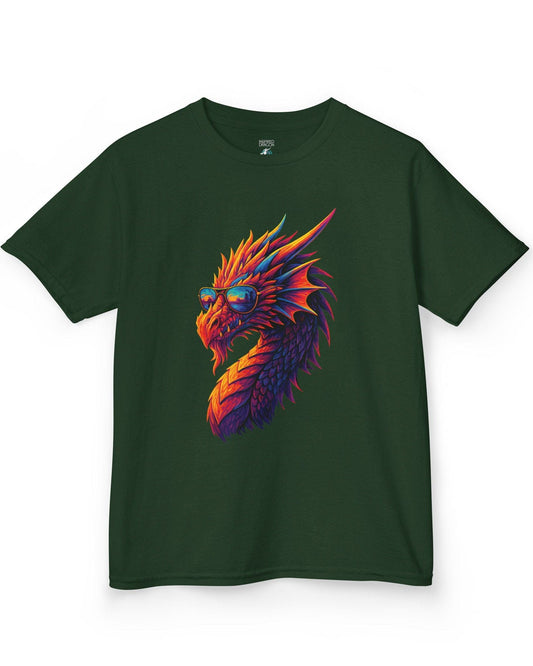 Sunset Blaze shirt in forest green featuring a neon dragon in sunglasses with fiery sunset colors across its scales.