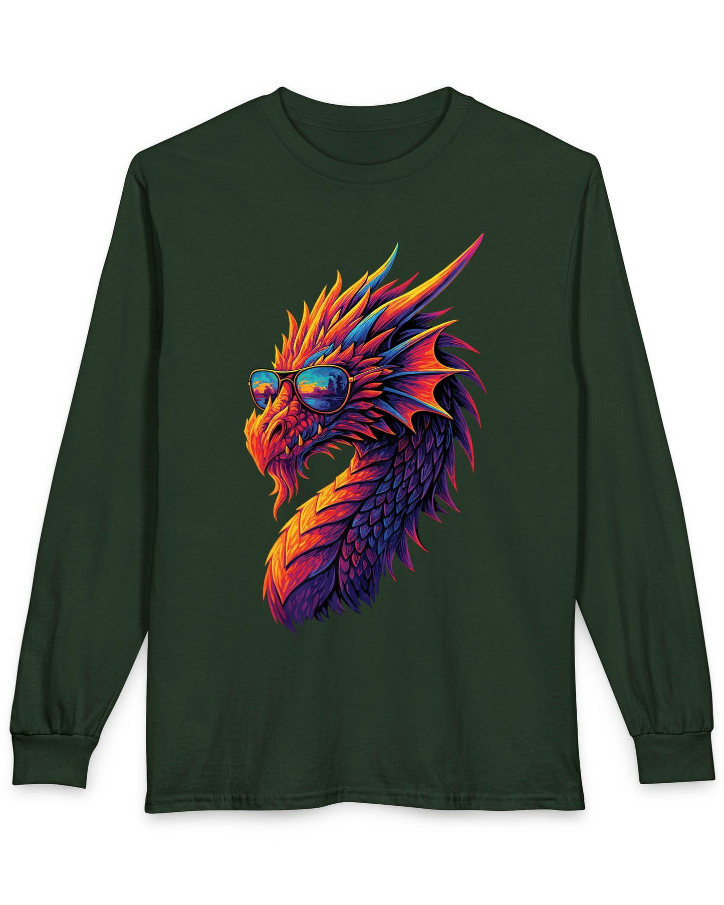 Sunset Blaze shirt in forest green featuring a neon dragon in sunglasses with fiery sunset colors across its scales
