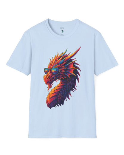 Sunset Blaze shirt in light blue featuring a neon dragon in sunglasses with fiery sunset colors across its scales.