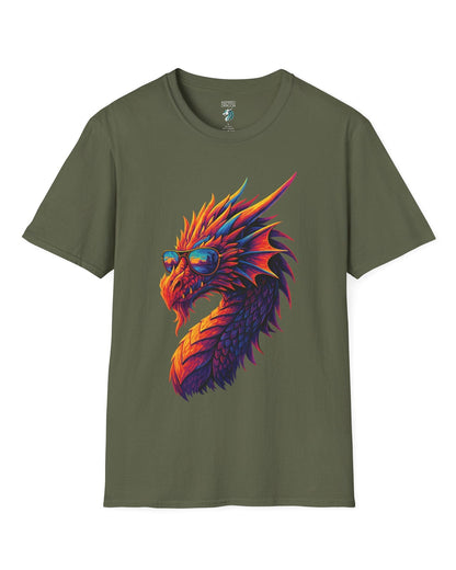 Sunset Blaze shirt in military green featuring a neon dragon in sunglasses with fiery sunset colors across its scales.