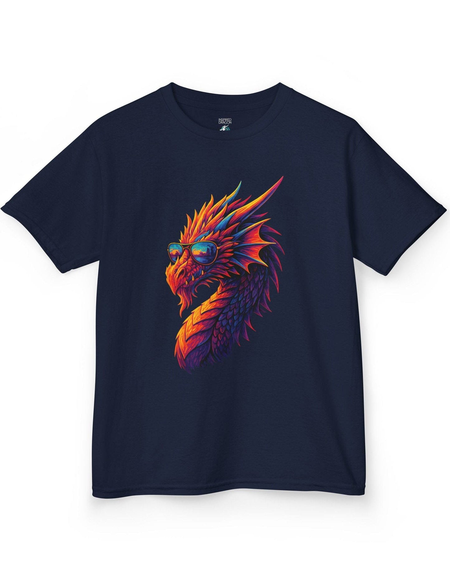 Sunset Blaze shirt in navy featuring a neon dragon in sunglasses with fiery sunset colors across its scales.