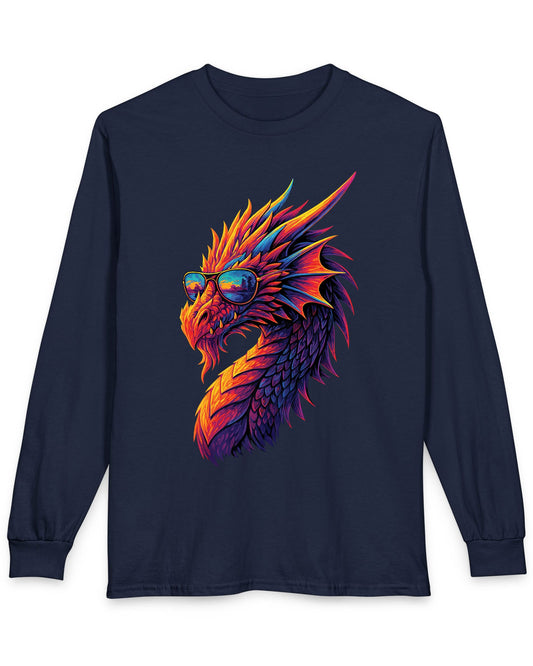 Sunset Blaze shirt in navy featuring a neon dragon in sunglasses with fiery sunset colors across its scales