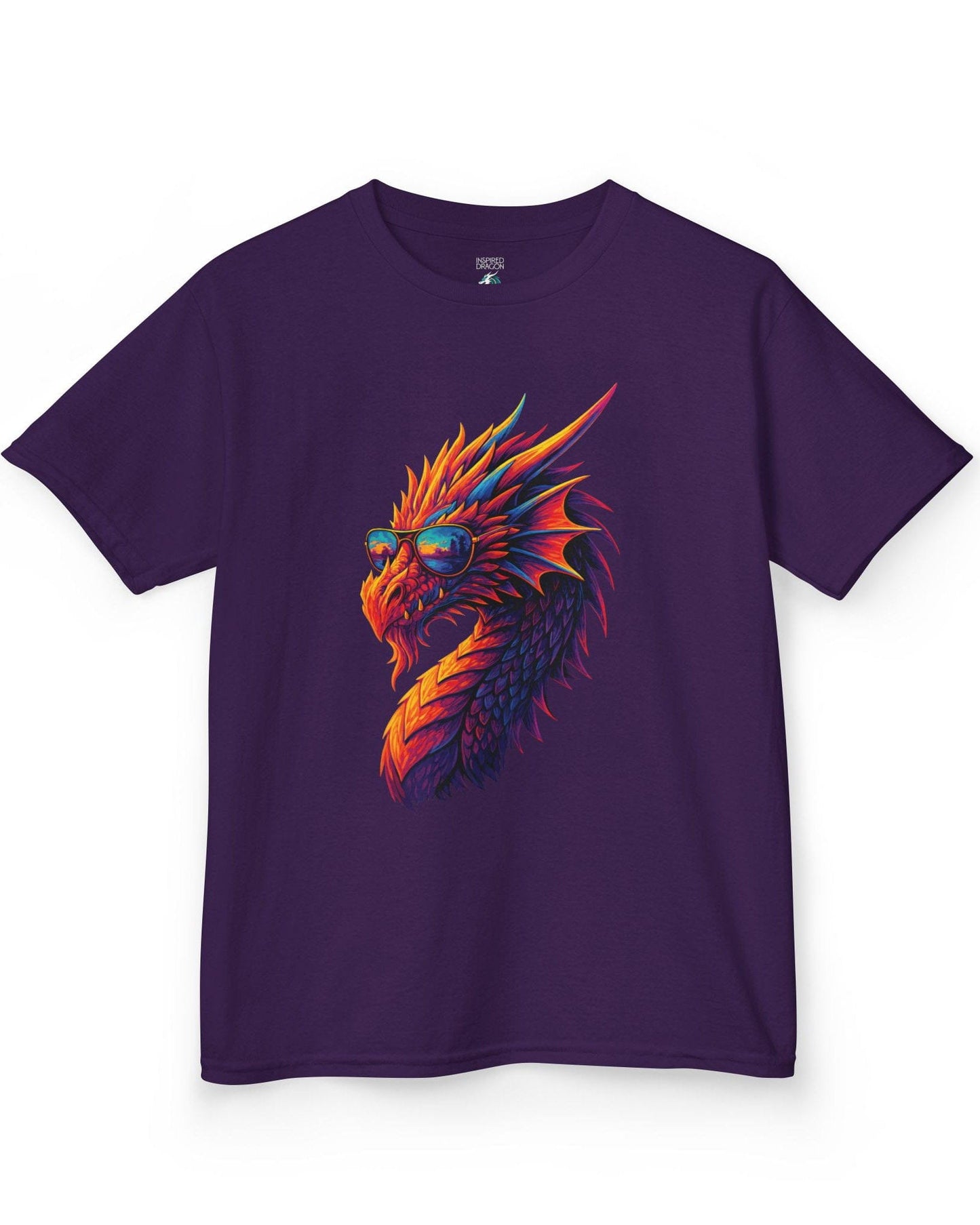 Sunset Blaze shirt in purple featuring a neon dragon in sunglasses with fiery sunset colors across its scales.