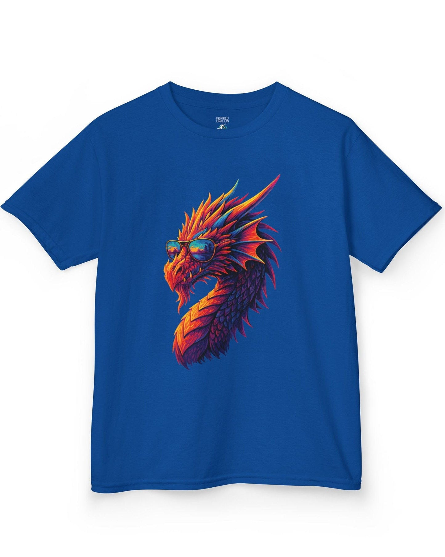 Sunset Blaze shirt in royal blue featuring a neon dragon in sunglasses with fiery sunset colors across its scales.