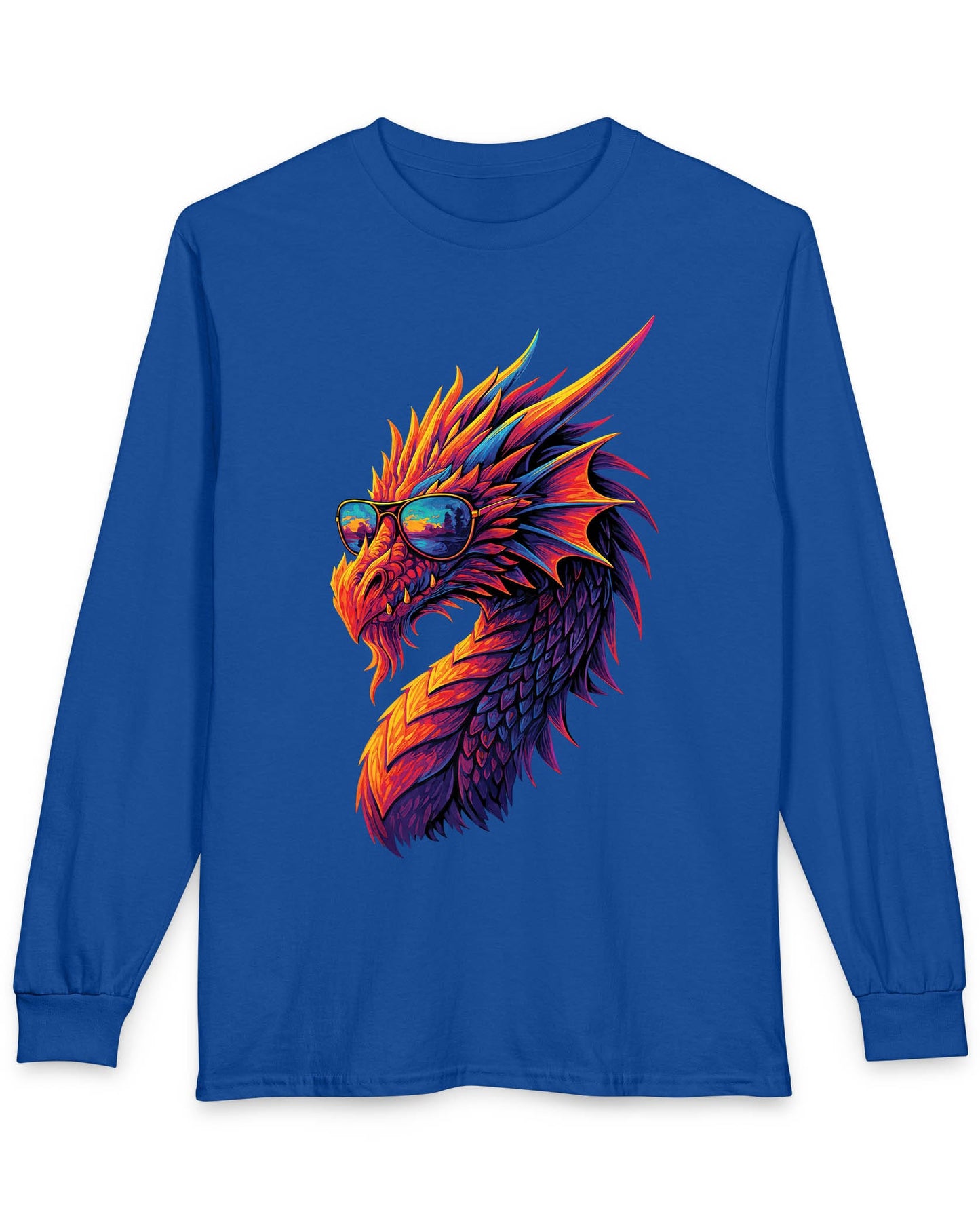 Sunset Blaze shirt in royal blue featuring a neon dragon in sunglasses with fiery sunset colors across its scales