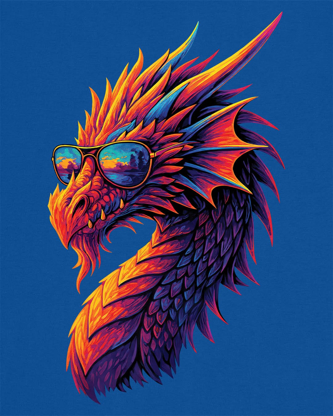 Sunset Blaze shirt in royal blue featuring a neon dragon in sunglasses with fiery sunset colors across its scales.