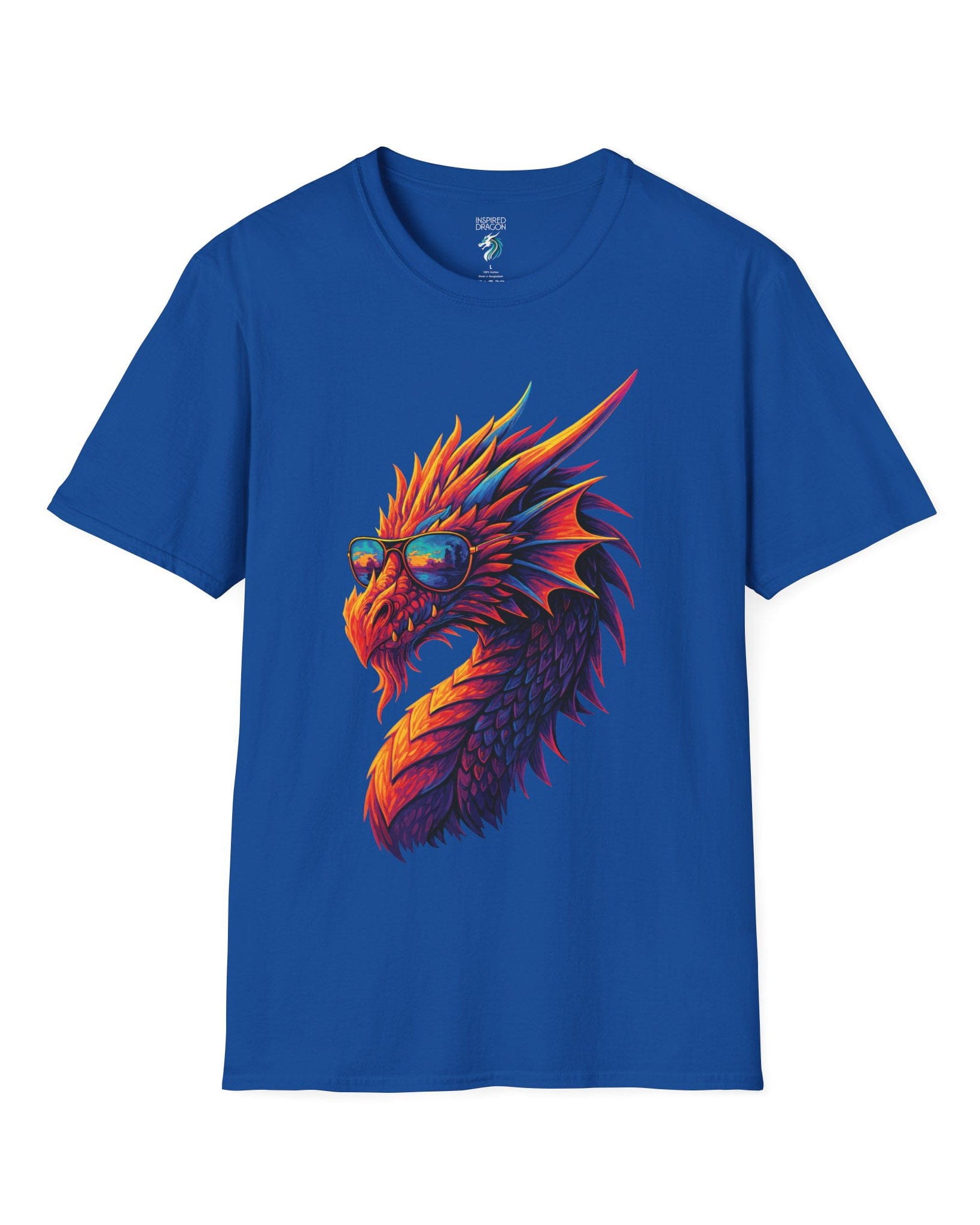 Sunset Blaze shirt in royal blue featuring a neon dragon in sunglasses with fiery sunset colors across its scales.