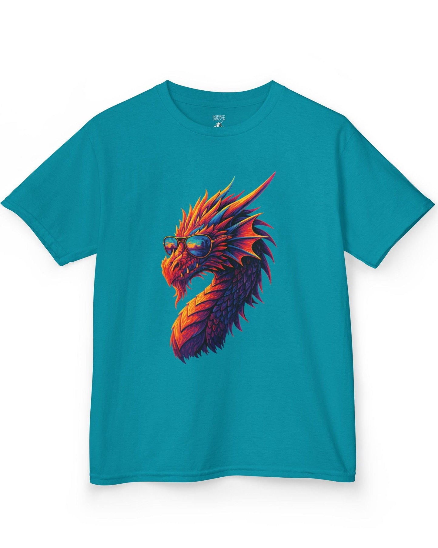 Sunset Blaze shirt in tropical blue featuring a neon dragon in sunglasses with fiery sunset colors across its scales.