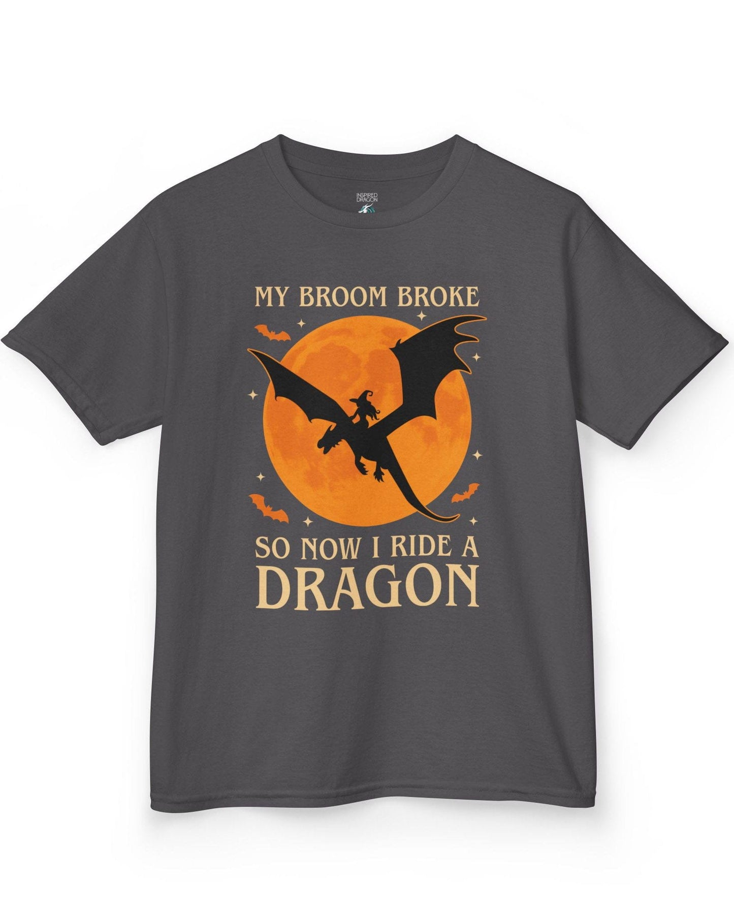 My Broom Broke shirt in charcoal featuring a witch riding a dragon across an orange full moon with bats.