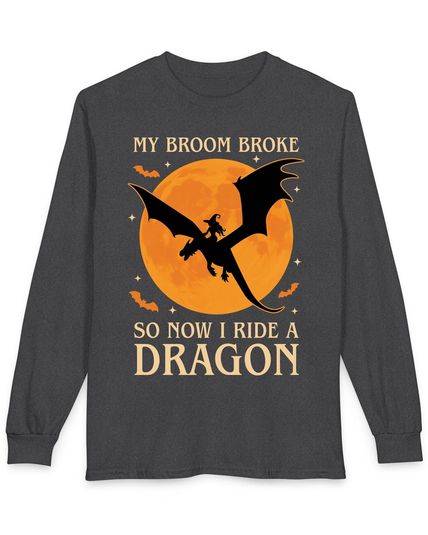 My Broom Broke shirt in dark heather grey featuring a witch riding a dragon across an orange full moon with bats.