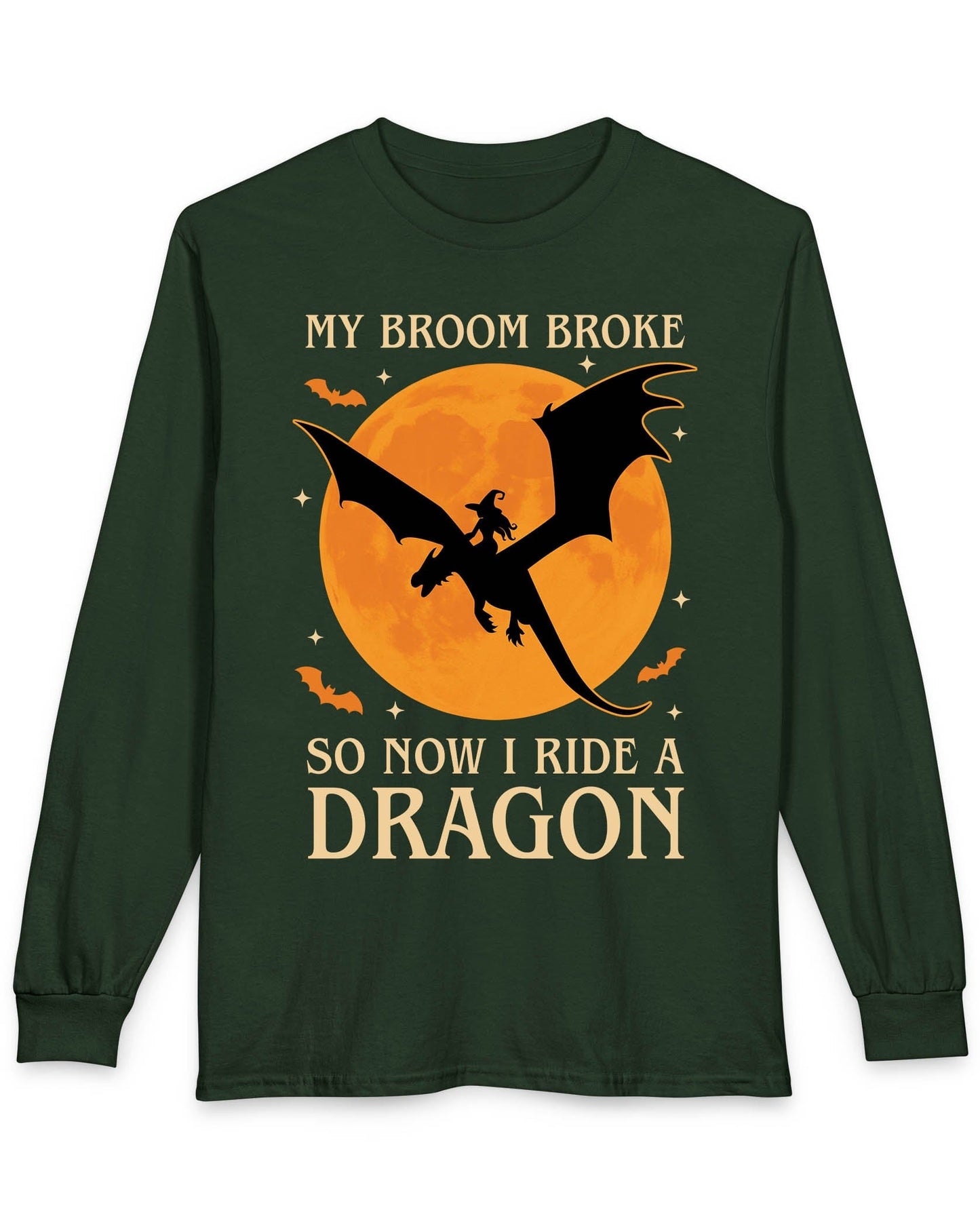 My Broom Broke shirt in forest green featuring a witch riding a dragon across an orange full moon with bats.