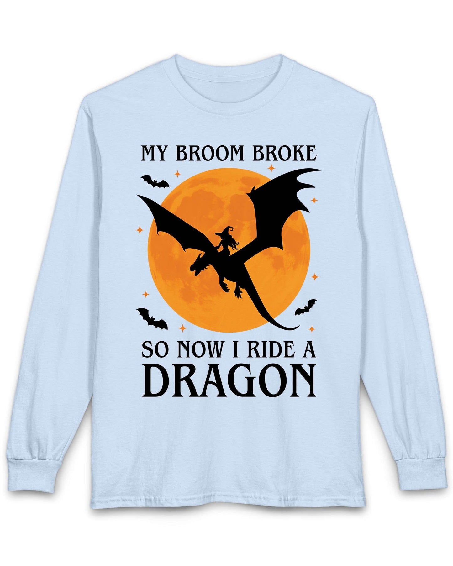 My Broom Broke shirt in light blue featuring a witch riding a dragon across an orange full moon with bats.