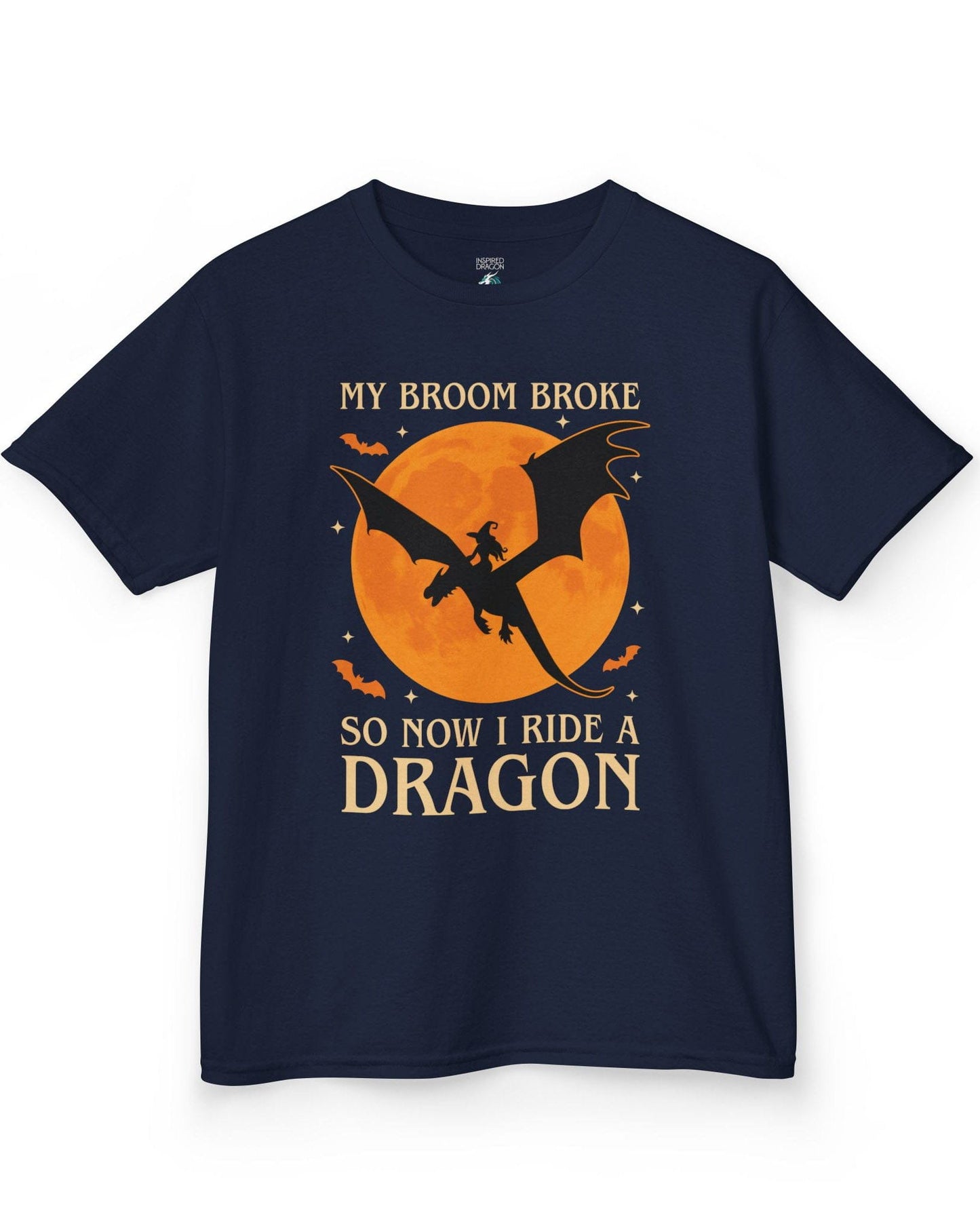 My Broom Broke shirt in navy featuring a witch riding a dragon across an orange full moon with bats.