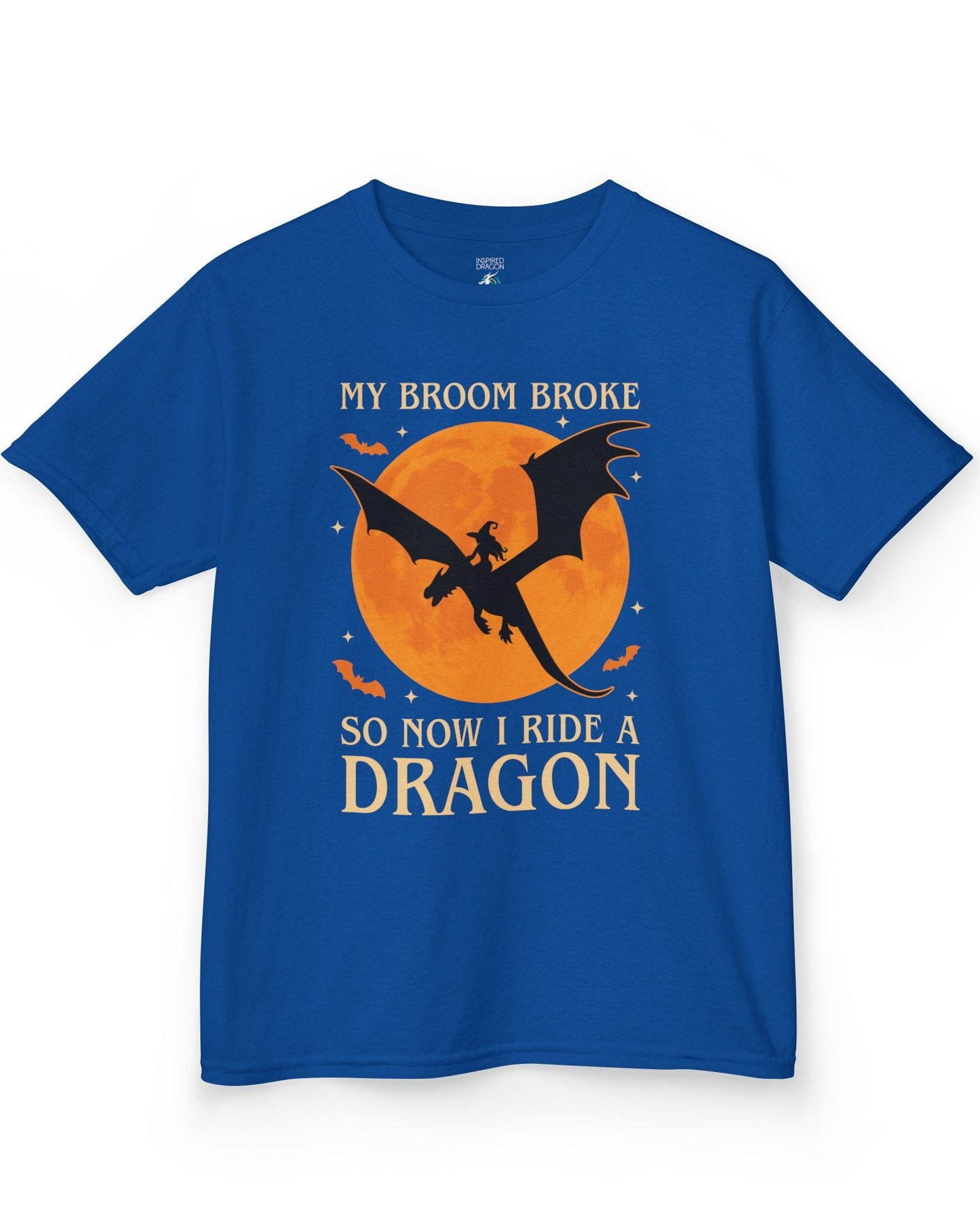 My Broom Broke shirt in royal blue featuring a witch riding a dragon across an orange full moon with bats.