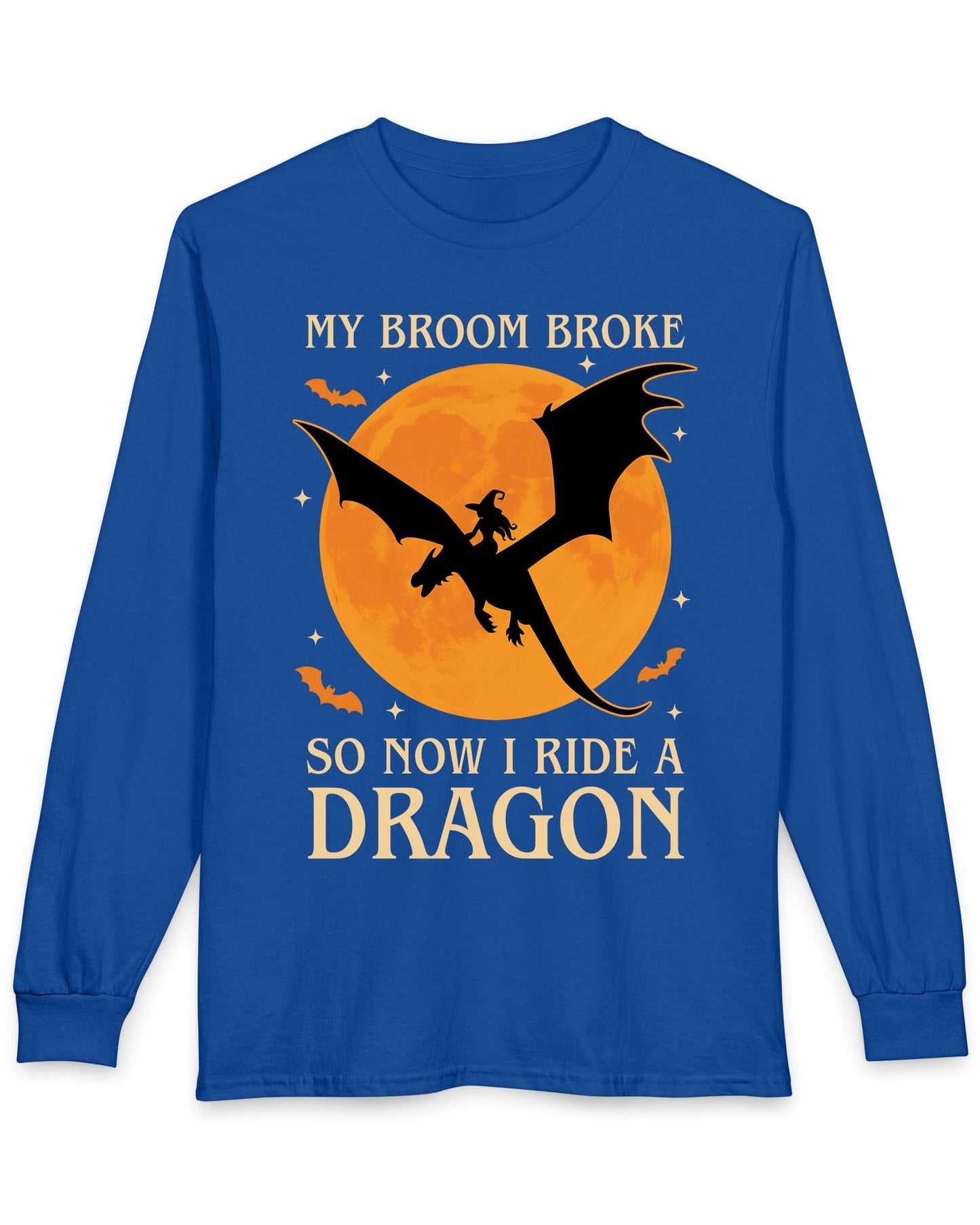 My Broom Broke shirt in royal blue featuring a witch riding a dragon across an orange full moon with bats.