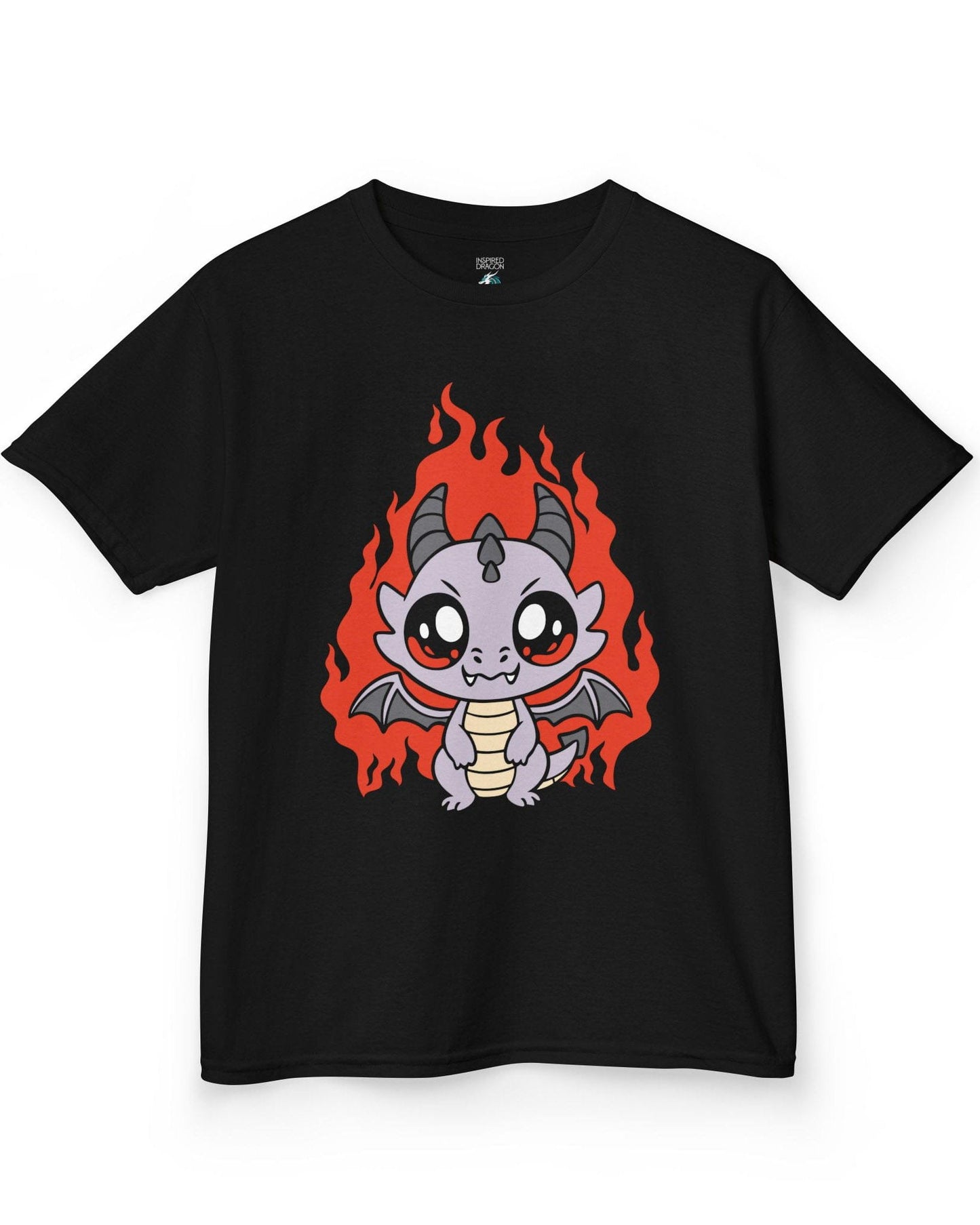 Molten Mischief shirt in black featuring a cute purple chibi dragon with fiery red flames in the background.