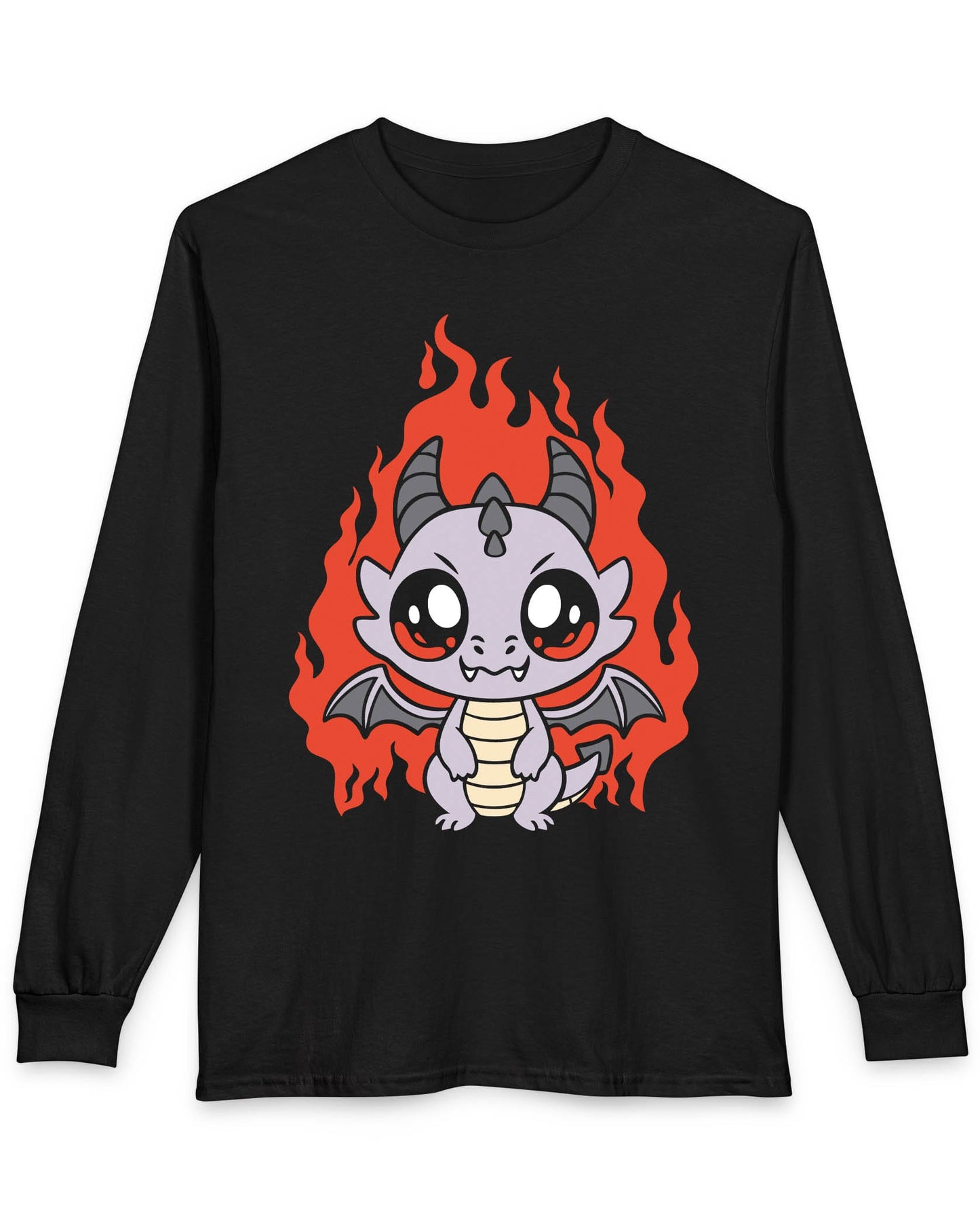 Molten Mischief shirt in black featuring a cute purple chibi dragon with fiery red flames in the background