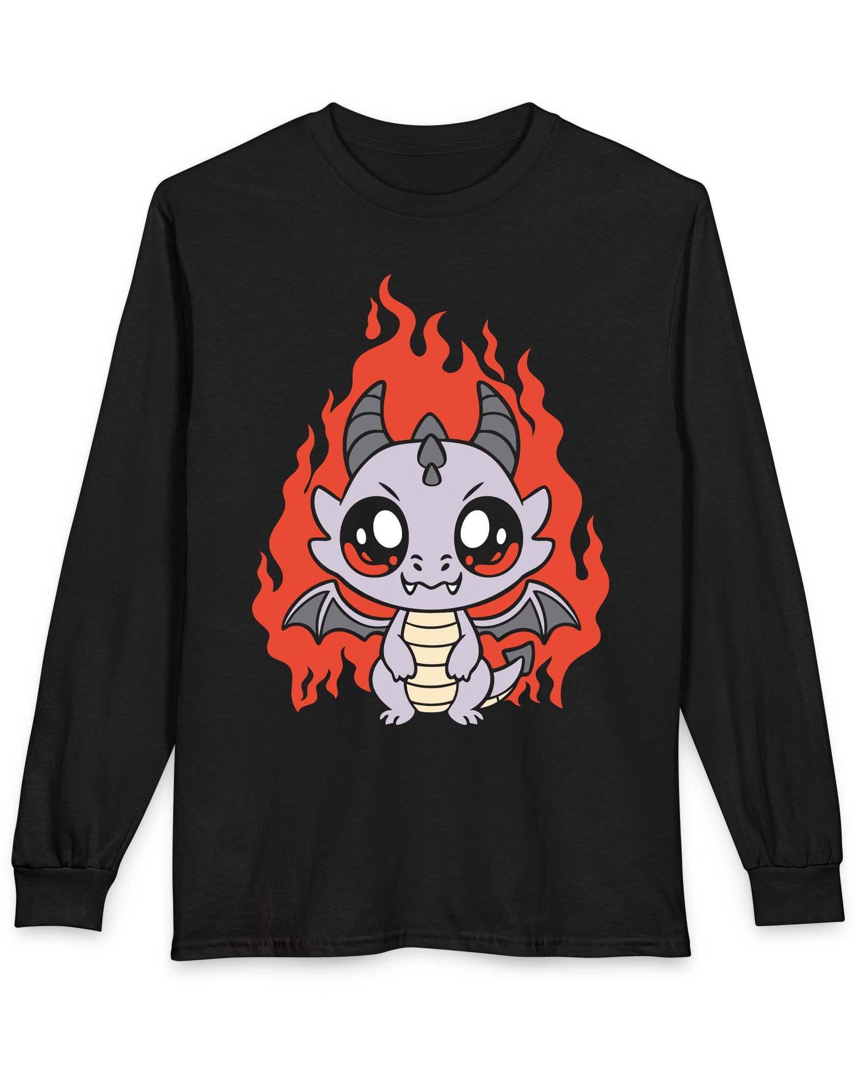 Molten Mischief shirt in black featuring a cute purple chibi dragon with fiery red flames in the background