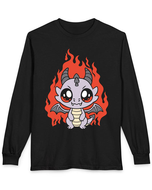 Molten Mischief shirt in black featuring a cute purple chibi dragon with fiery red flames in the background