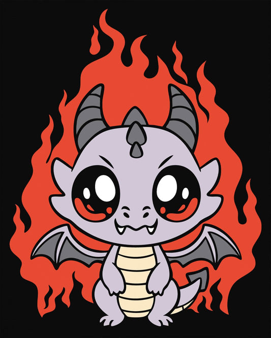 Molten Mischief shirt in black featuring a cute purple chibi dragon with fiery red flames in the background.